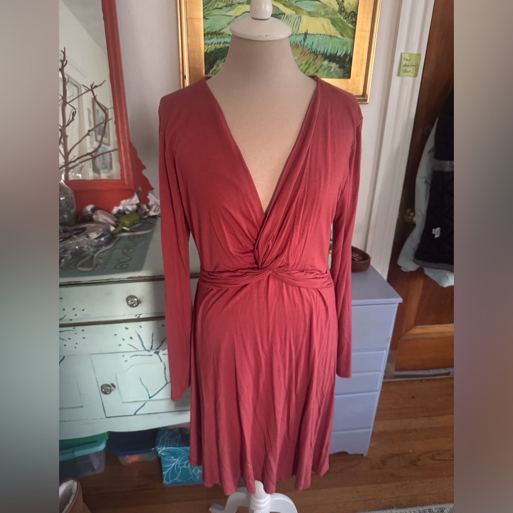 ALYA Elegant Rust Wrap Dress With Waist Wrap L Stretch Rayon Fall VGUC